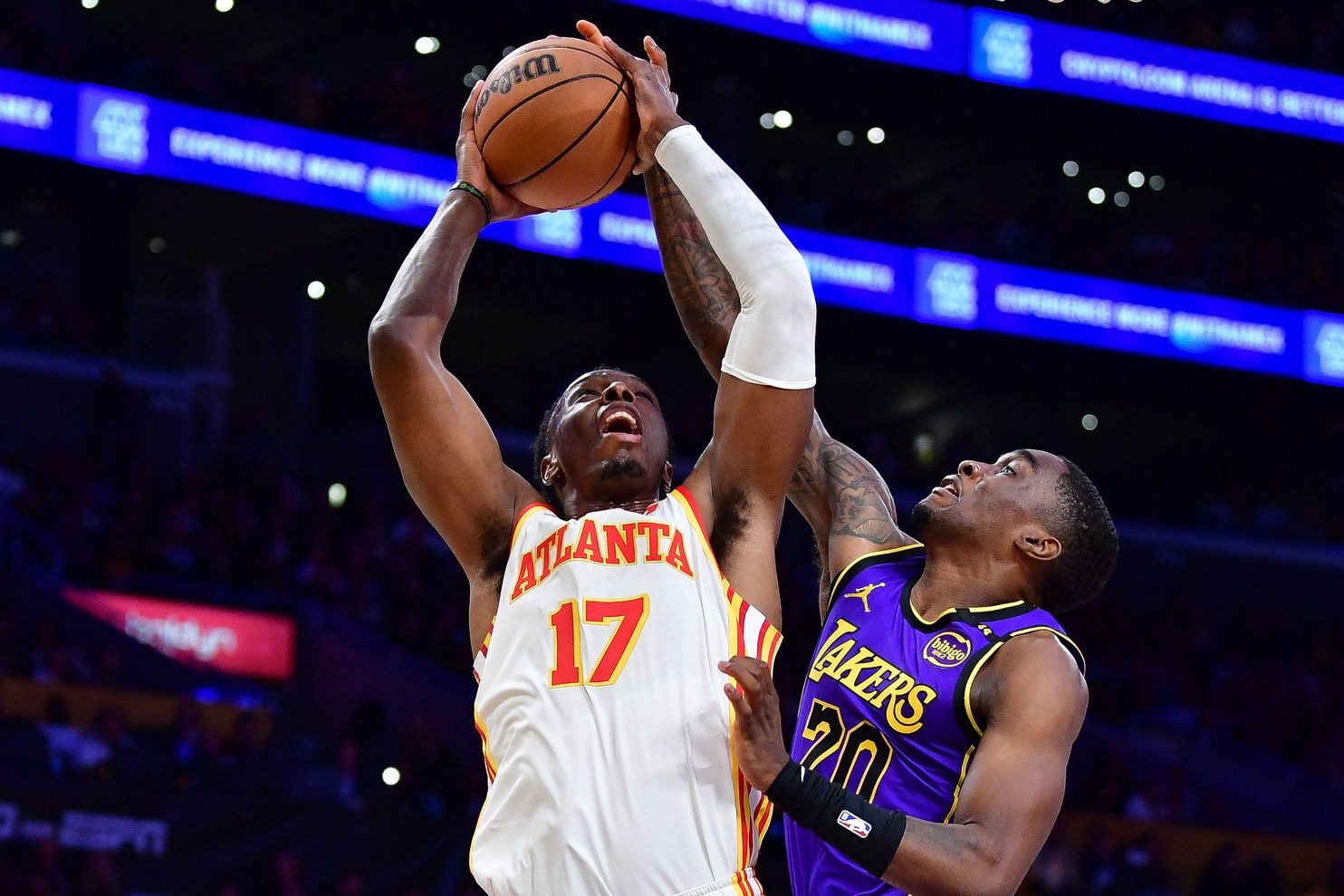 Atlanta Hawks forward Onyeka Okongwu (17) moves to the basket against Los Angeles Lakers guard Shake Milton (20) during the first half at Crypto.com Arena.