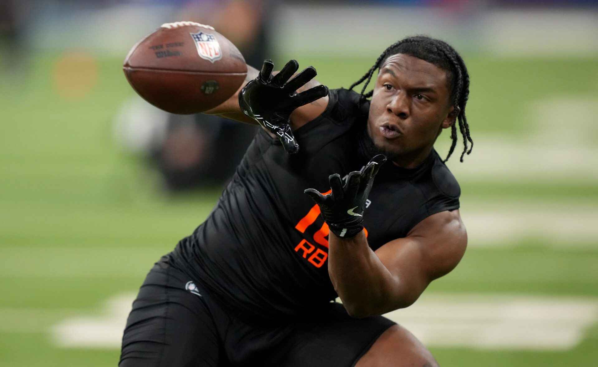 UCF running back R.J. Harvey (RB10) during the 2025 NFL Combine at Lucas Oil Stadium.