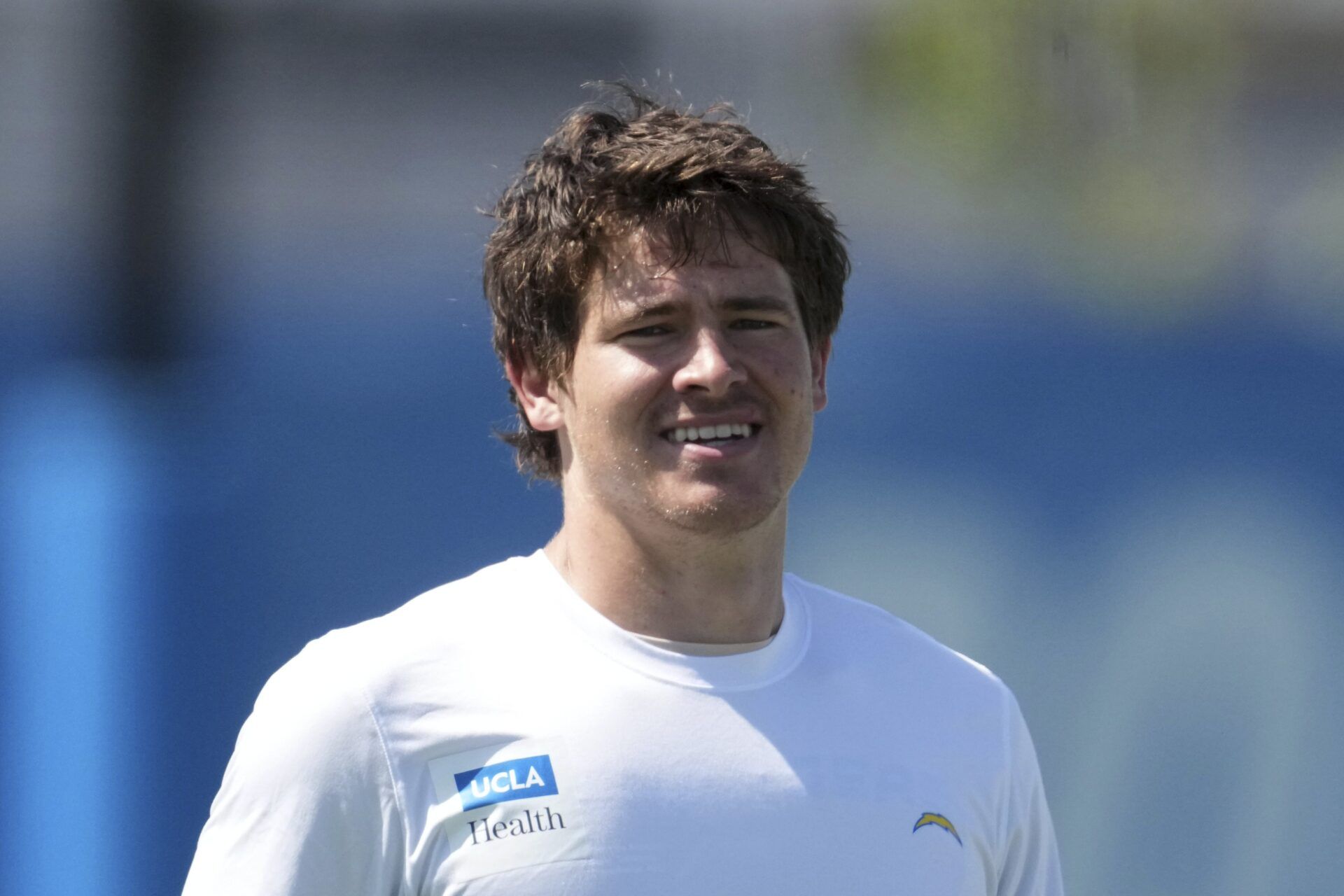 Los Angeles Chargers quarterback Justin Herbert (10) looks on during offseason workouts at The Bolt.
