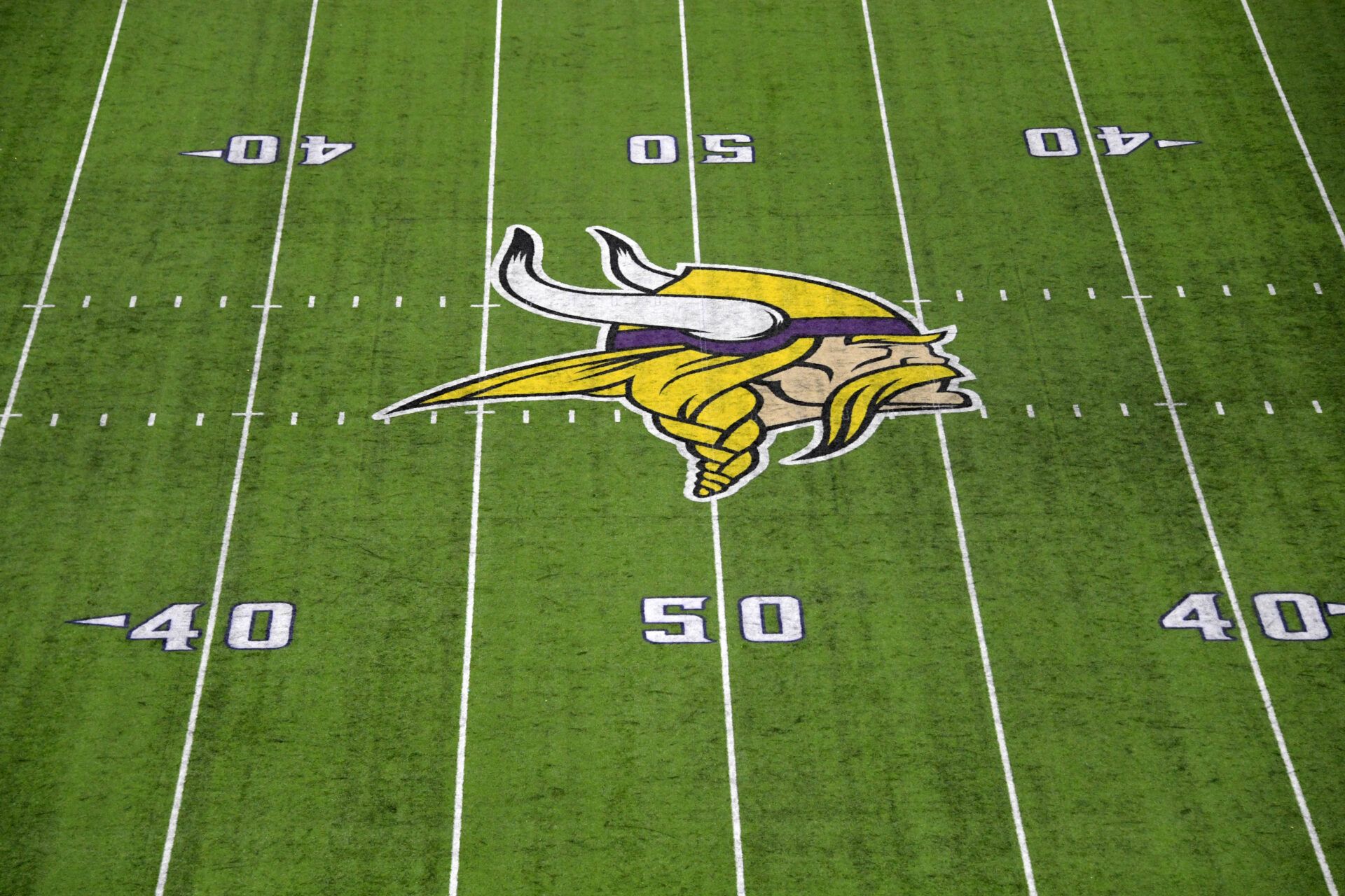 General view of the Minnesota Vikings logo at midfield during a NFL game against the Los Angeles Rams at U.S. Bank Stadium.