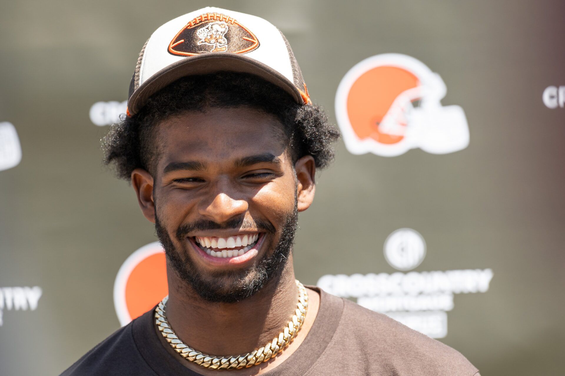 Cleveland Browns quarterback Shedeur Sanders (12) talks to the media during rookie minicamp at CrossCountry Mortgage Campus.