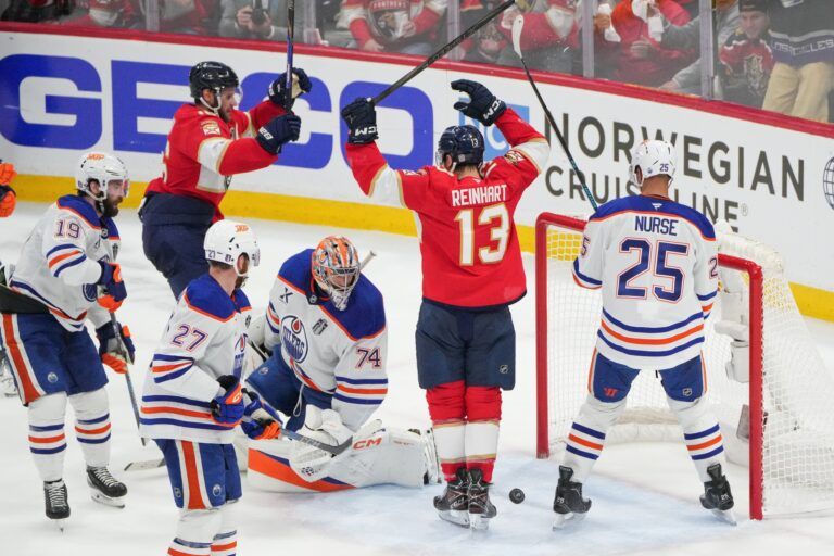 Florida Panthers center Sam Reinhart (13) celebrates after his goal as Edmonton Oilers goaltender Stuart Skinner (74) watches during the second period in game six of the 2025 Stanley Cup Final at Amerant Bank Arena.