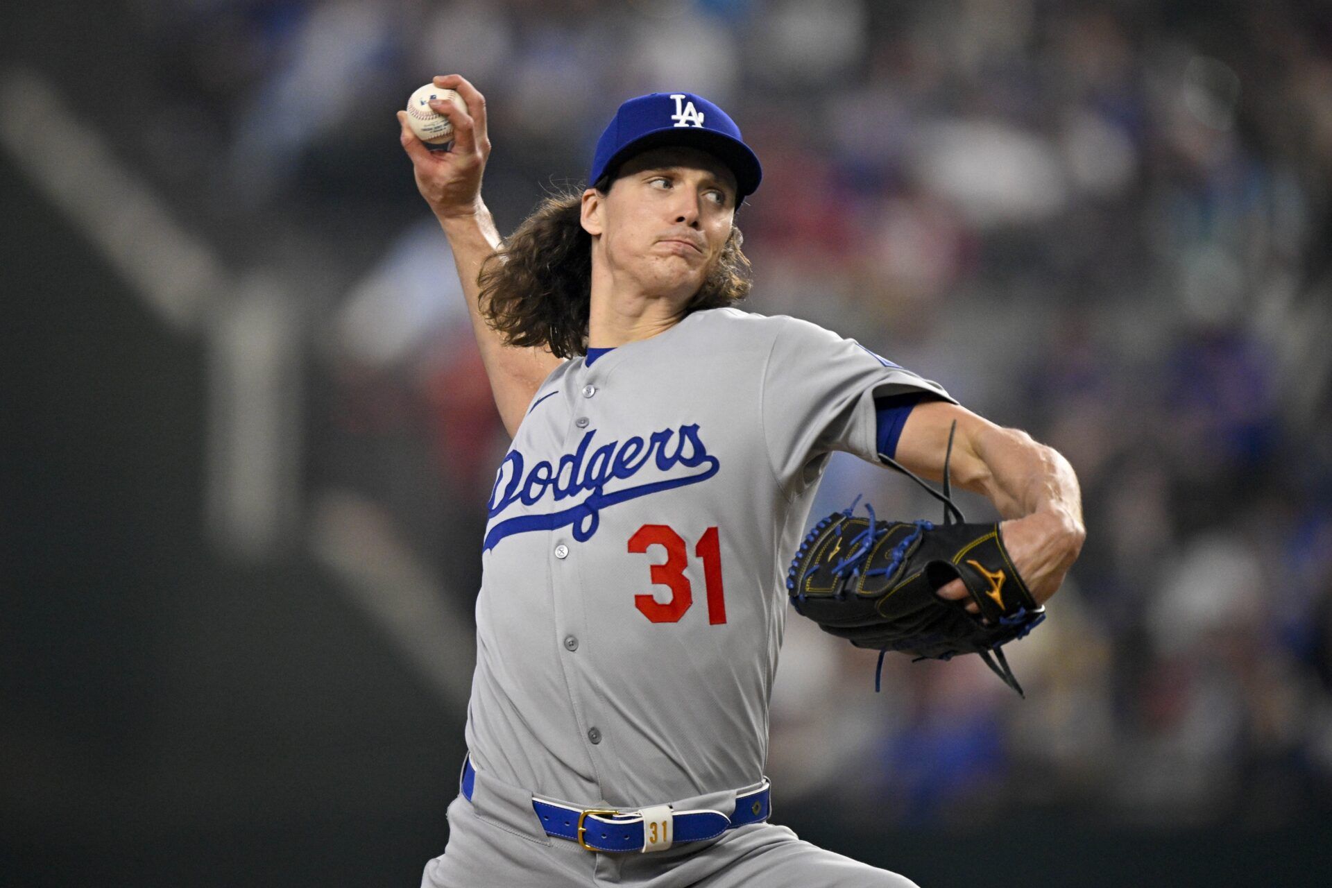 Los Angeles Dodgers starting pitcher Tyler Glasnow (31) pitches against the Texas Rangers during the first inning at Globe Life Field.