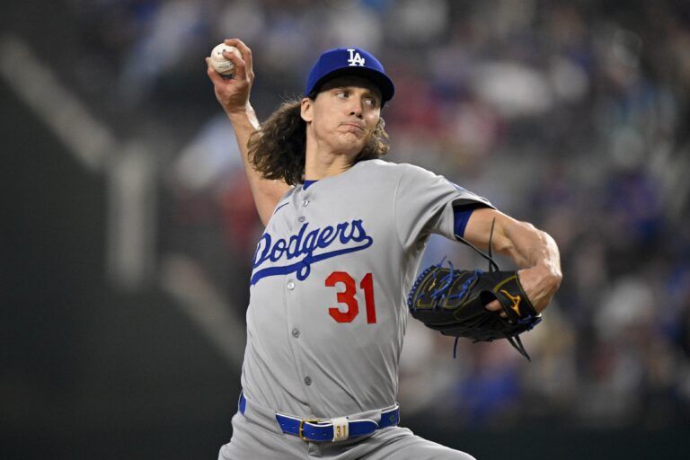 Los Angeles Dodgers starting pitcher Tyler Glasnow (31) pitches against the Texas Rangers during the first inning at Globe Life Field.