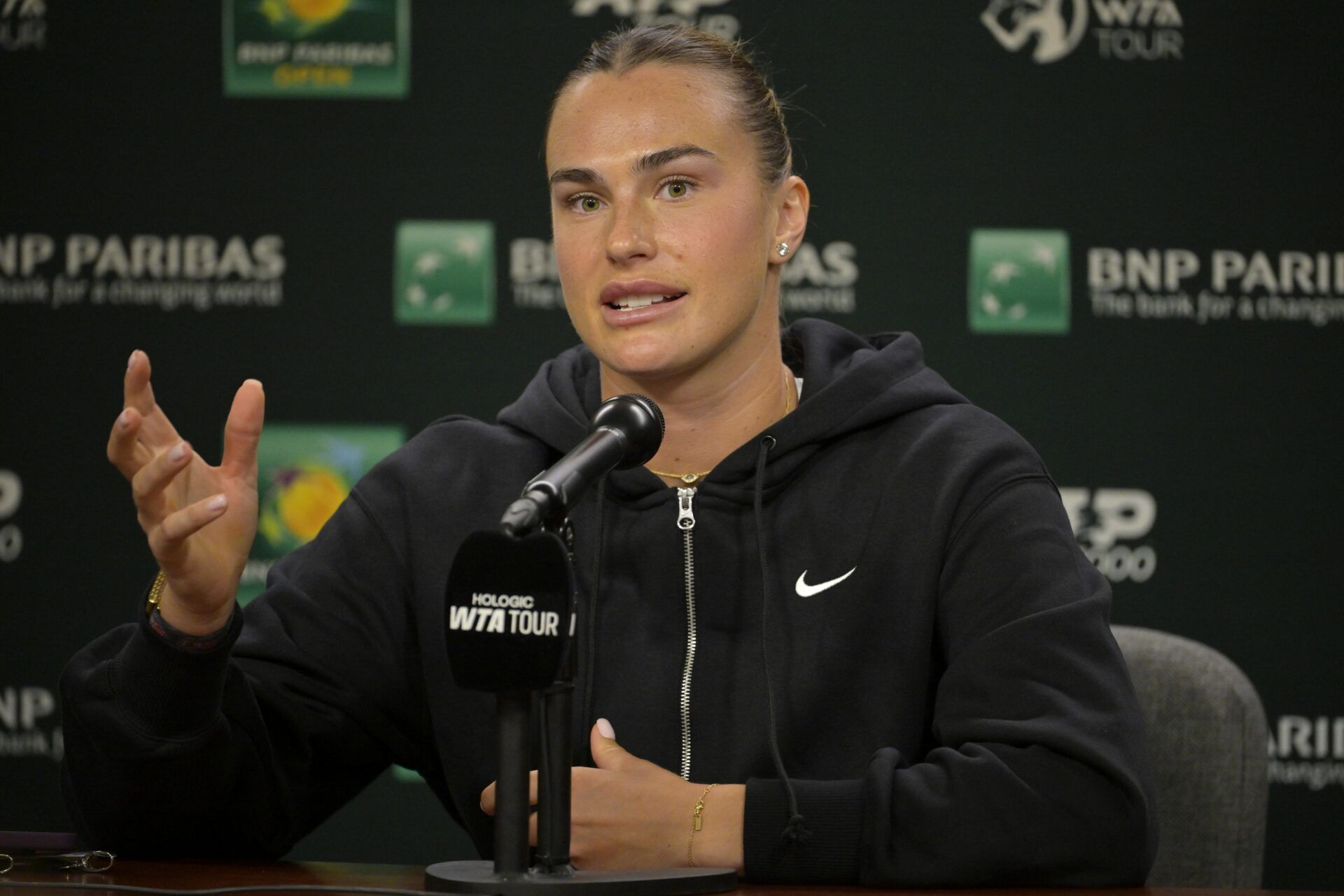 Aryna Sabalenka (BEL) talks to media during a news conference during the BNP Paribas Open at the Indian Well Tennis Garden.