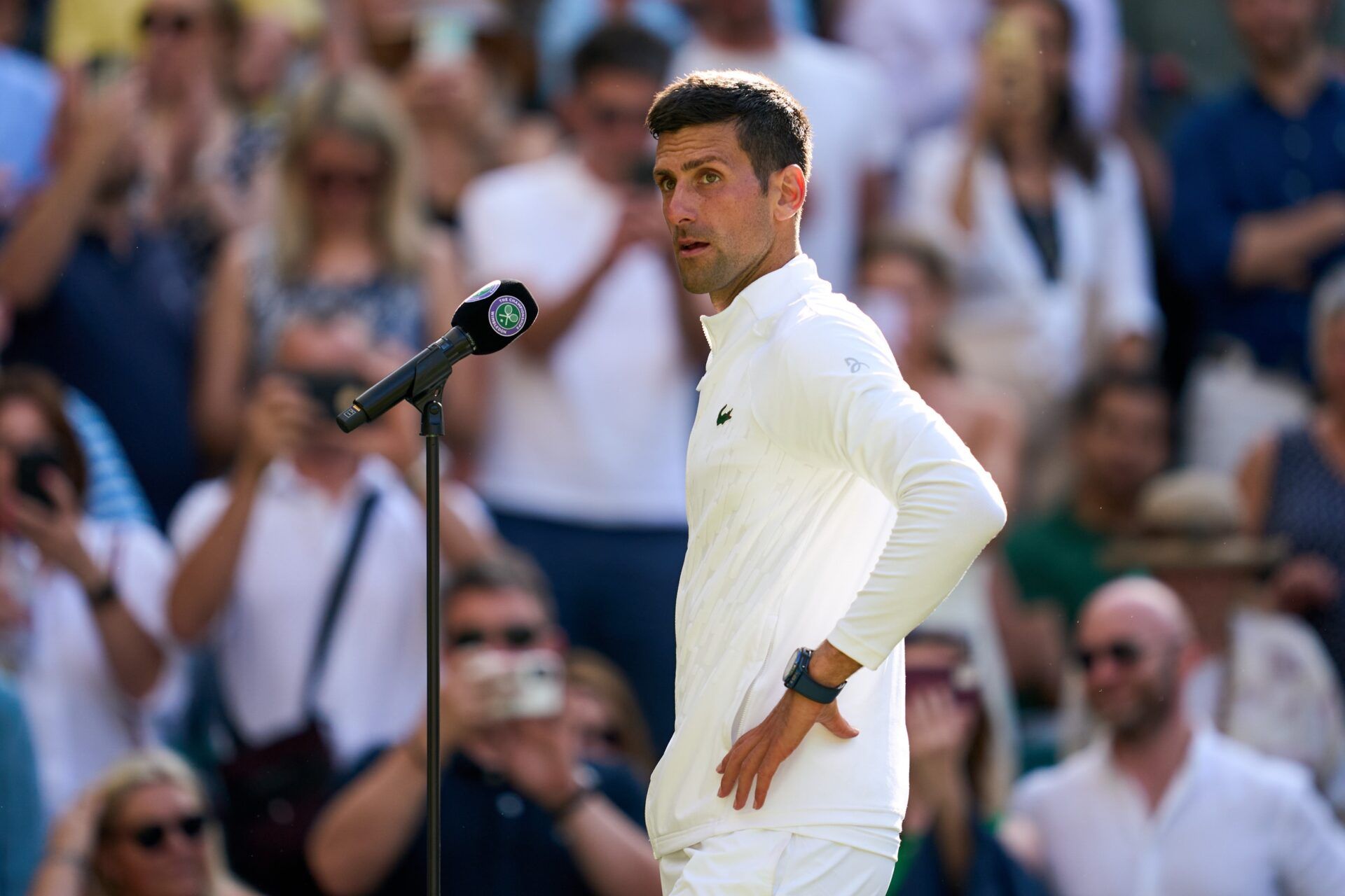 Novak Djokovic (SRB) is interviewed after winning his semifinals mens singles match against Cameron Norrie (GBR) on Centre court at All England Lawn Tennis and Croquet Club.