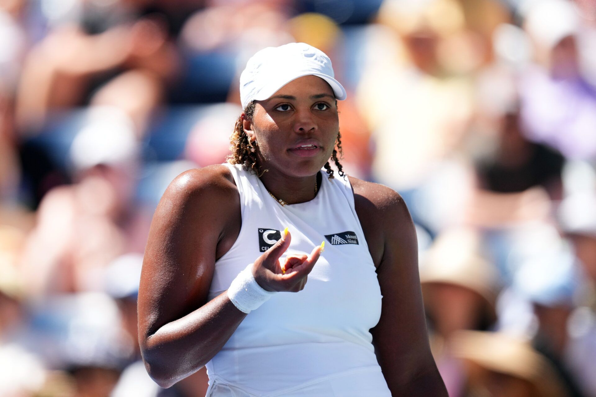 Taylor Townsend of the United States talks to her box during a match against Karolina Muchova of the Czech Republic on day five of the 2023 U.S. Open tennis tournament at USTA Billie Jean King National Tennis Center.