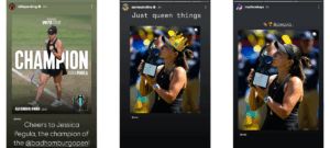 Screengrab of Billie Jean King, Danielle Collins, and Madison Keys Instagram stories (@billiejeanking, @danimalcollins, @madisonkeys)