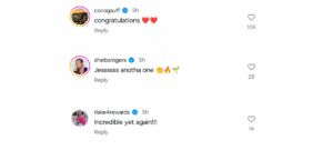 Screengrab of comments from WTA players on Jessica Pegula's Instagram post/@jpegula