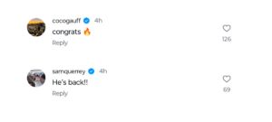 Screengrab of comments from Coco Gauff and Sam Querrey on Taylor Fritz's Instagram post/@taylor_fritz