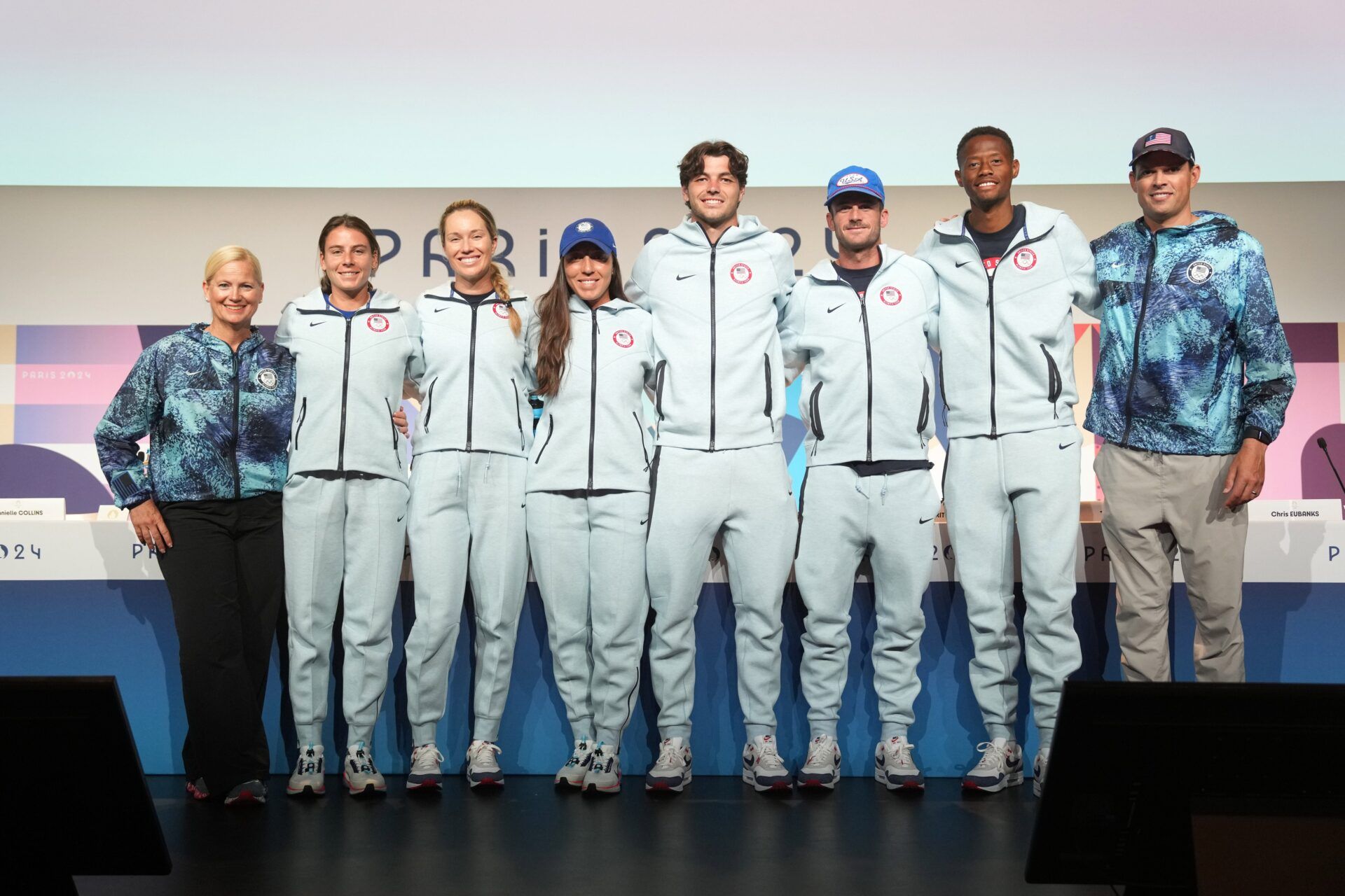 USA; Members of the USA Tennis team (from left) women's coach Kathy Rinaldi, Emma Navorro, Danielle Collins, Jessica Pegula, Taylor Fritz, Tommy Paul, Chris Eubanks and men's coach Bob Bryan pose at the Paris 2024 Olympics main press center at the Palais des congres de Paris.