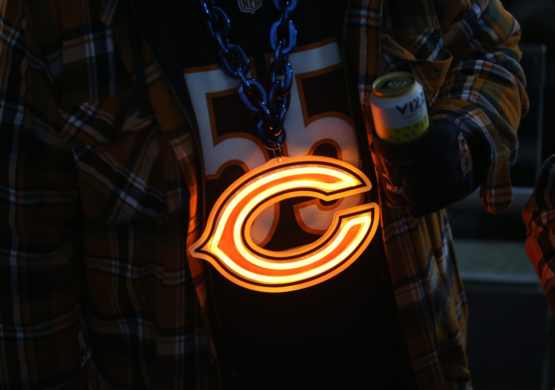The Chicago Bears logo is seen lit up on a fan prior to a game between the Chicago Bears and Seattle Seahawks at Soldier Field.