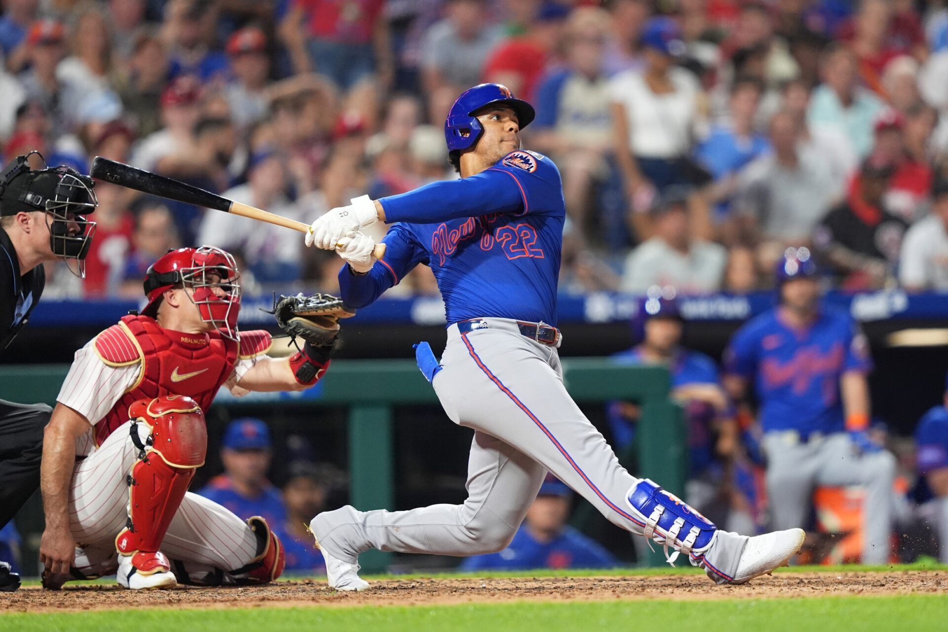 New York Mets outfielder Juan Soto (22) hits a home run against the Philadelphia Phillies in the fifth inning at Citizens Bank Park.
