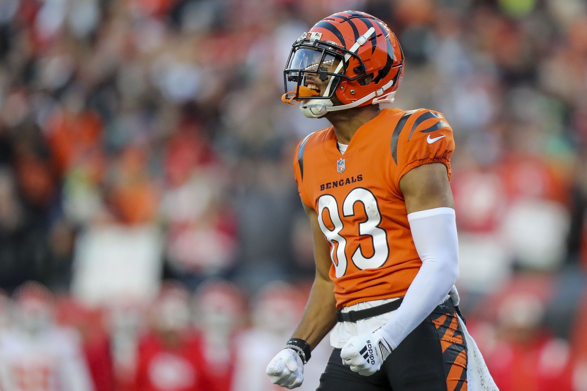 Cincinnati Bengals wide receiver Tyler Boyd (83) reacts after a play against the Kansas City Chiefs in the first half at Paycor Stadium.