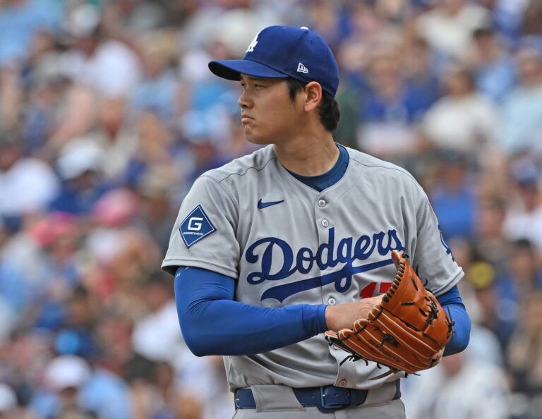 Los Angeles Dodgers designated hitter Shohei Ohtani (17) looks on before a pitch in the first inning against the Kansas City Royals  at Kauffman Stadium.