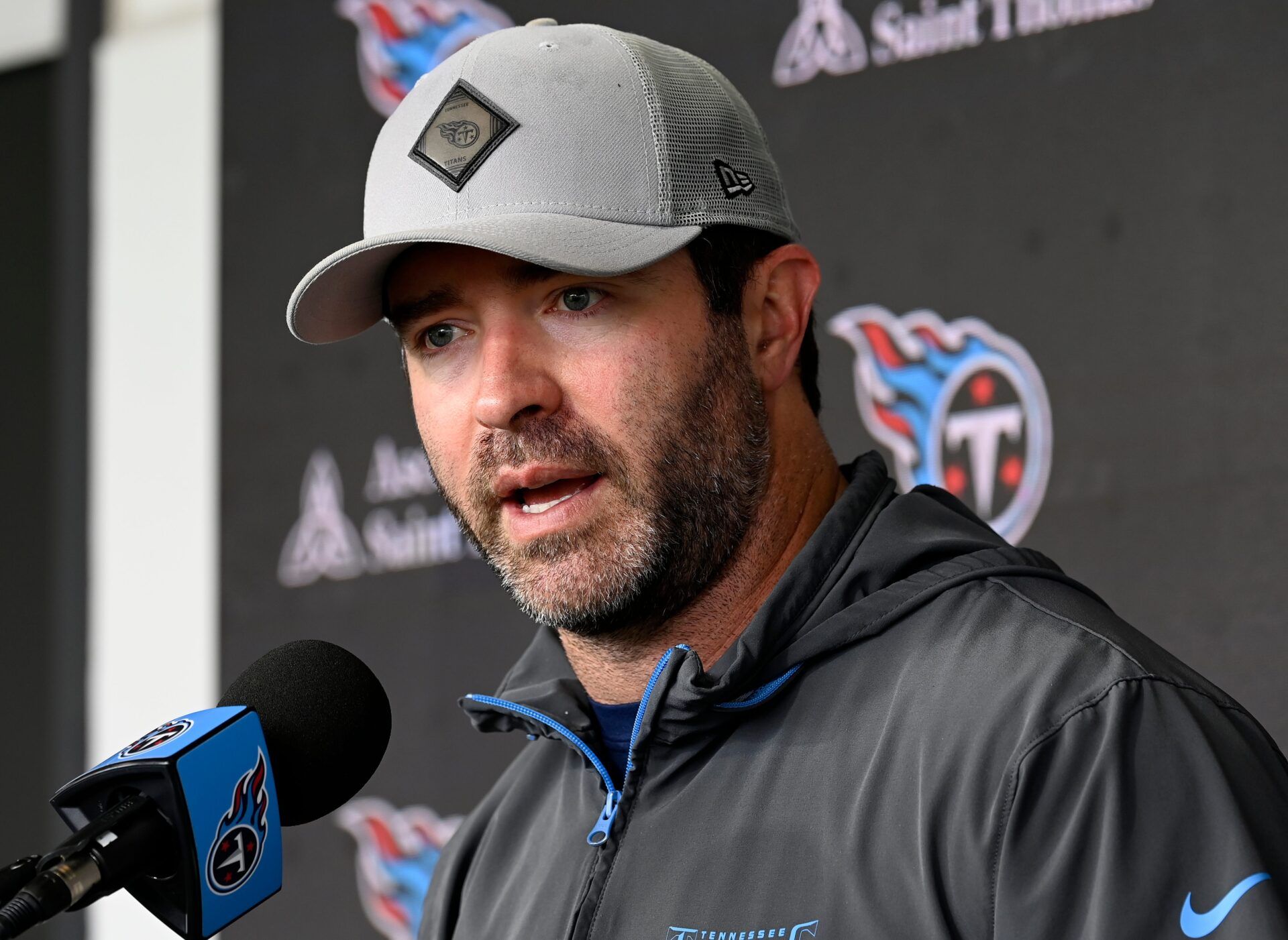 Tennessee Titans head coach Brian Callahan speaks before an NFL football minicamp camp practice at Ascension Saint Thomas Sports Park Thursday, June 12, 2025, in Nashville, Tenn.