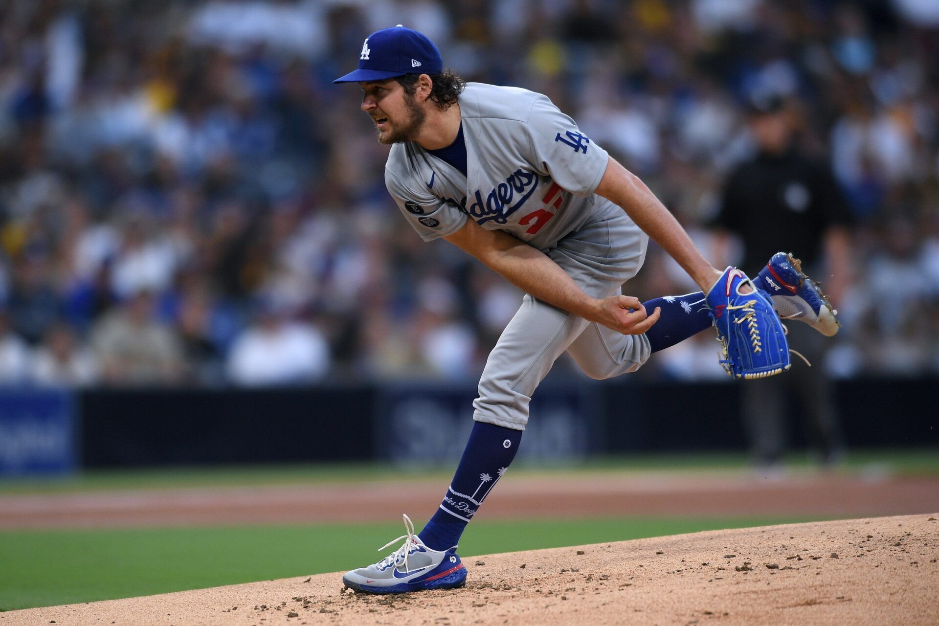 Los Angeles Dodgers starting pitcher Trevor Bauer (27) throws a pitch against the San Diego Padres during the first inning at Petco Park.
