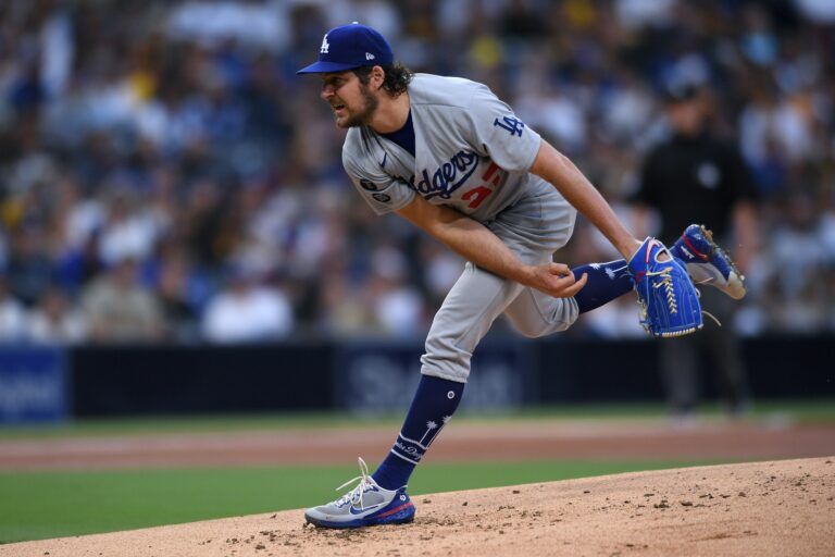 Los Angeles Dodgers starting pitcher Trevor Bauer (27) throws a pitch against the San Diego Padres during the first inning at Petco Park.