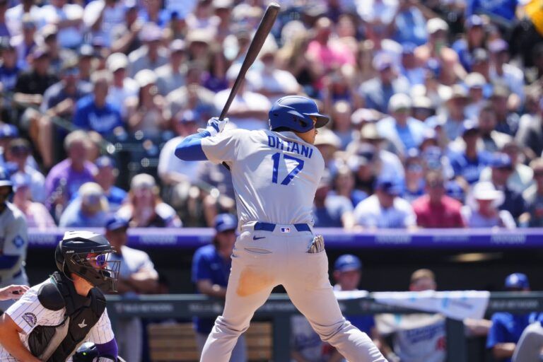 Los Angeles Dodgers designated hitter  Shohei Ohtani (17) at the plate in the seventh inning against the Colorado Rockies at Coors Field.
