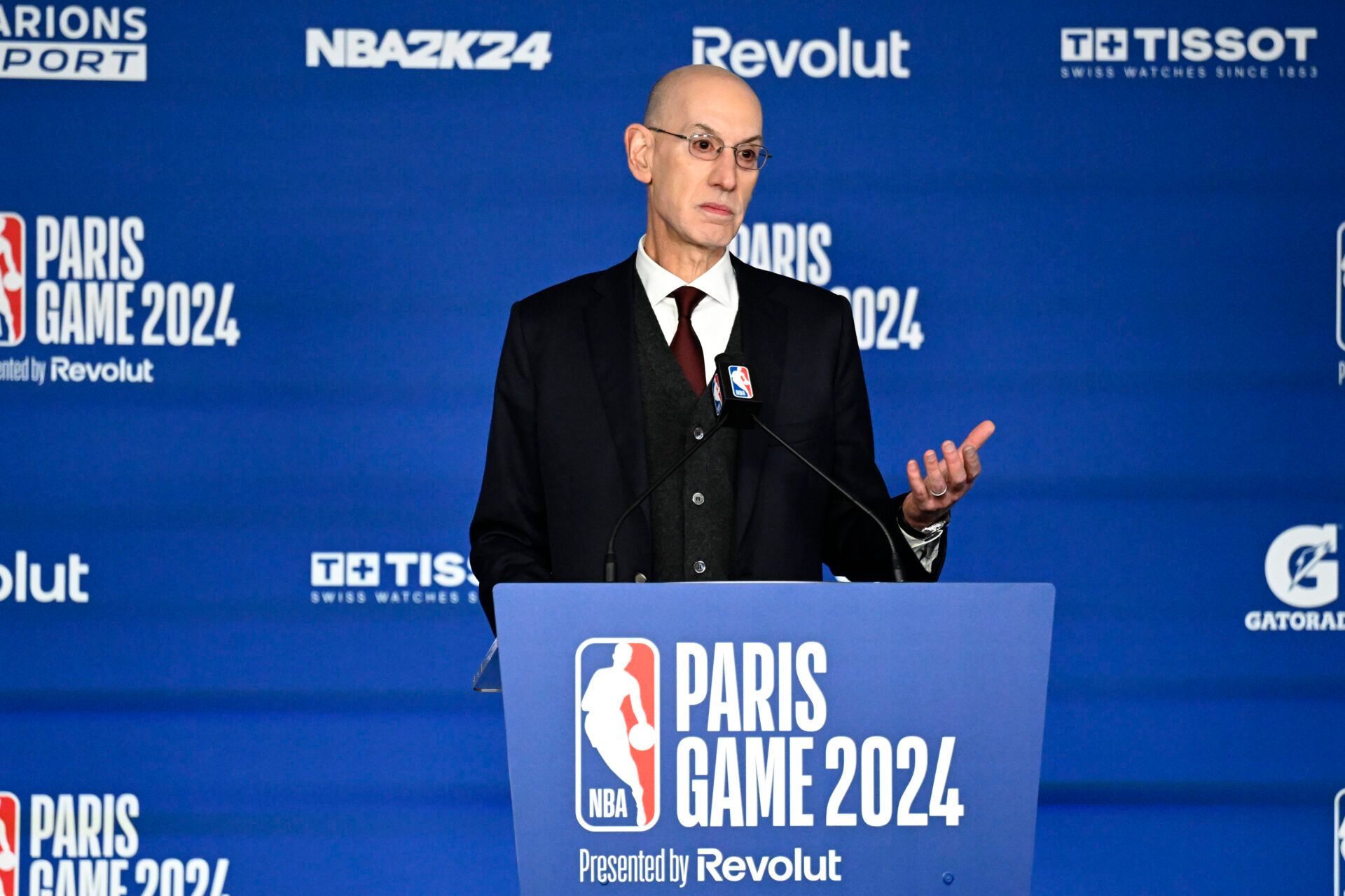 NBA commissioner Adam Silver speaks before a NBA Game between the Brooklyn Nets and the Cleveland Cavaliers at AccorHotels Arena.
