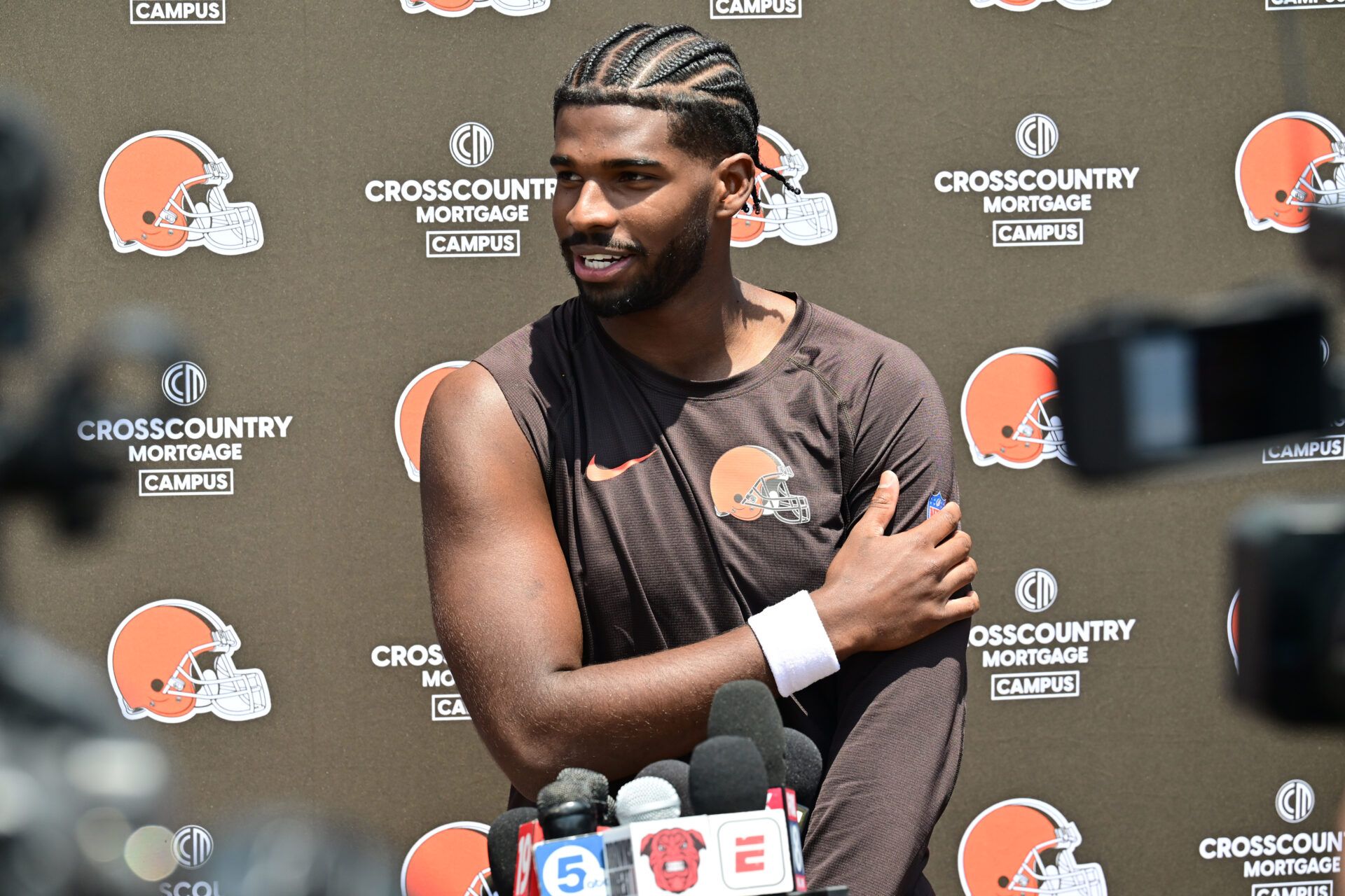 Cleveland Browns quarterback Shedeur Sanders (12) talks to the media during minicamp at CrossCountry Mortgage Campus.