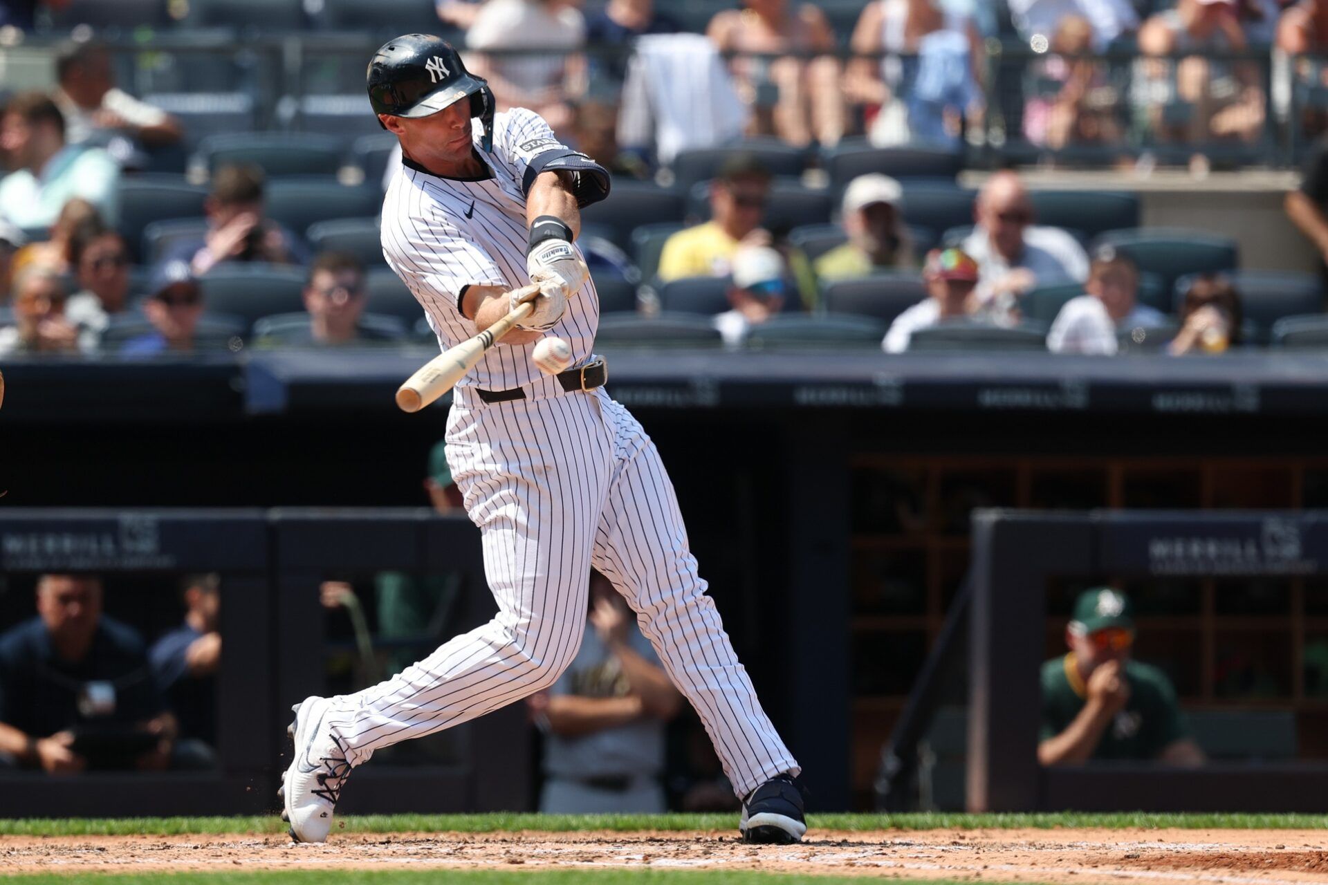 New York Yankees first base Paul Goldschmidt (48) singles during the sixth inning against the Athletics at Yankee Stadium.