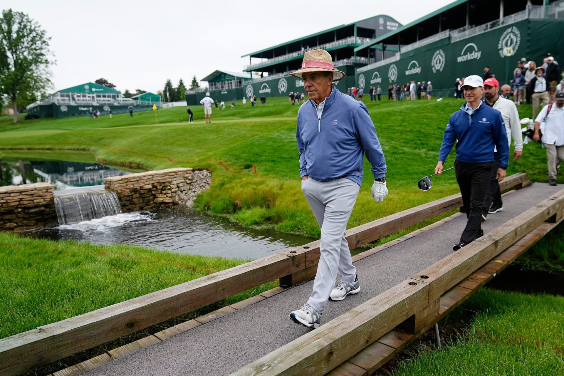 Former Alabama football head coach Nick Saban walks to the tee on No. 14 during the Workday Golden Bear Pro-Am at Muirfield Village Golf Club in Dublin, Ohio on May 28, 2025.