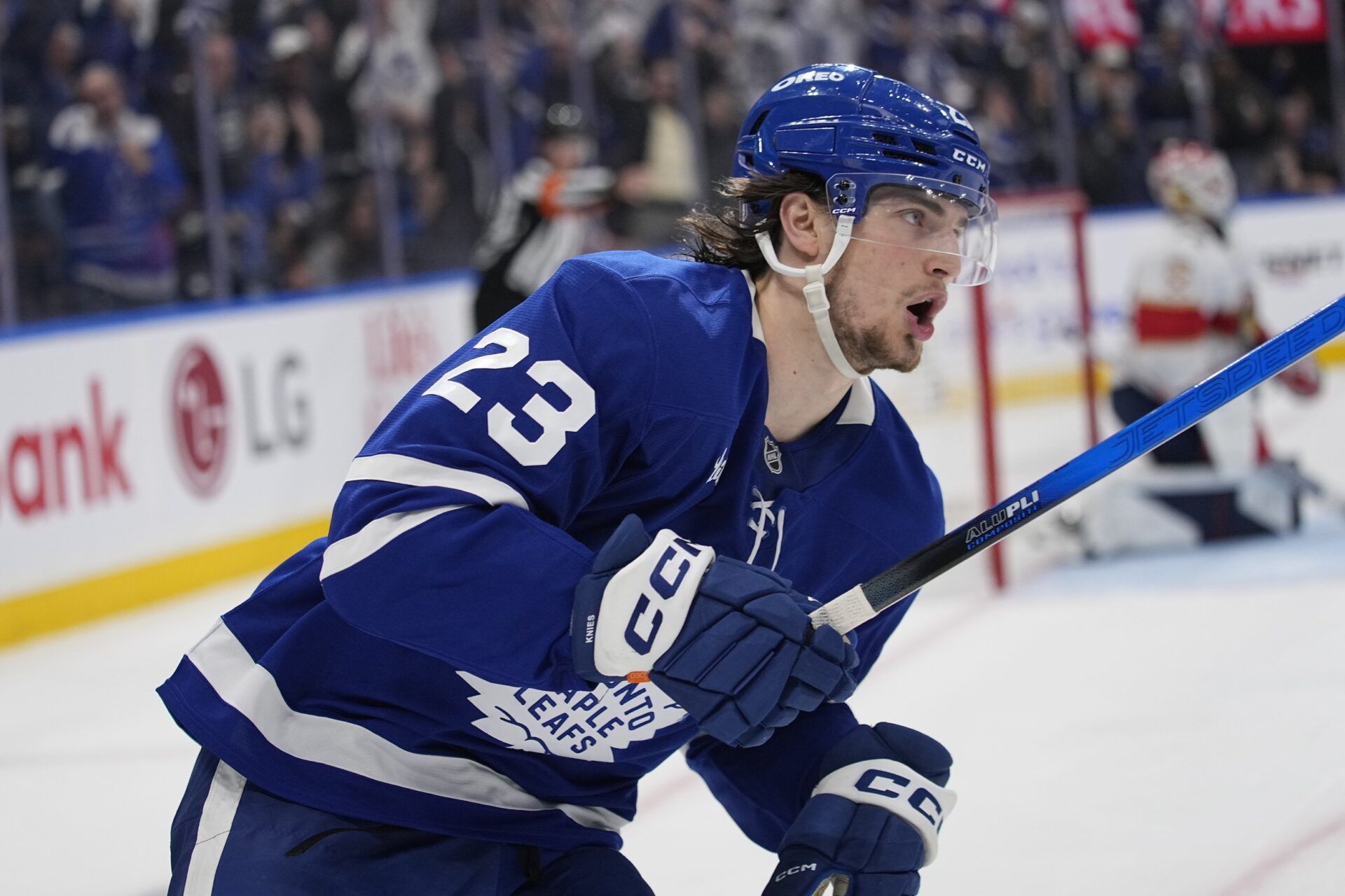 Toronto Maple Leafs forward Matthew Knies (23) reacts after his goal against Florida Panthers goaltender Sergei Bobrovsky (72) during the third period of game one of the second round of the 2025 Stanley Cup Playoffs at Scotiabank Arena.