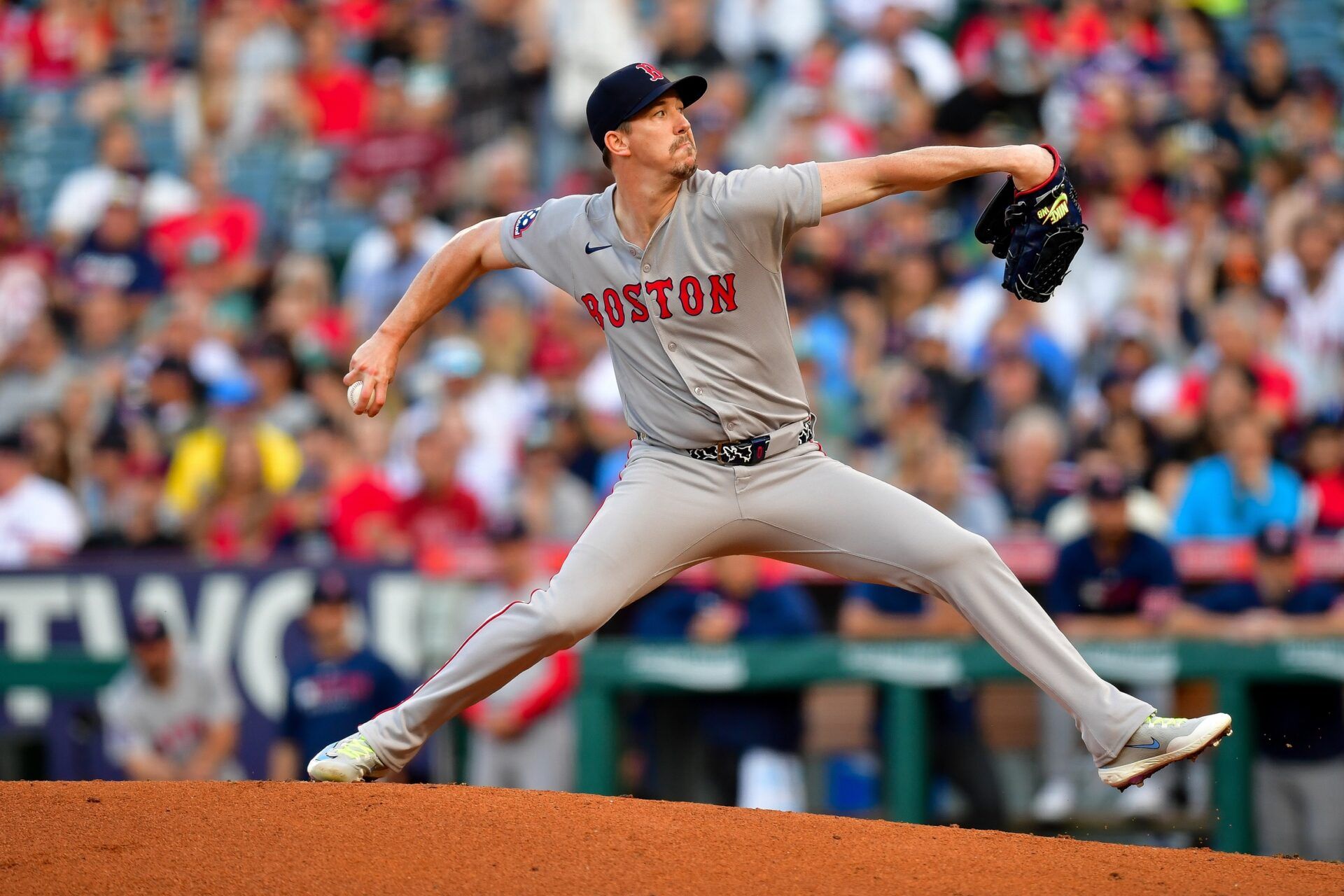 Boston Red Sox pitcher Walker Buehler (0) throws against the Los Angeles Angels during the first inning at Angel Stadium.