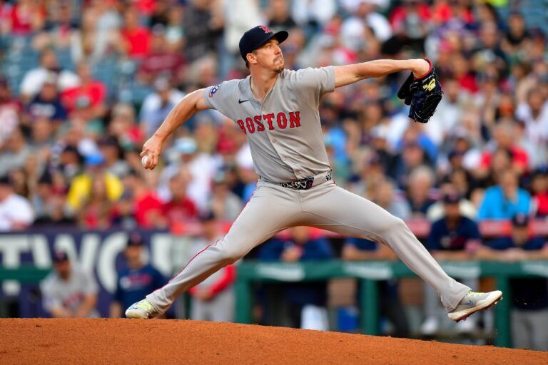 Boston Red Sox pitcher Walker Buehler (0) throws against the Los Angeles Angels during the first inning at Angel Stadium.