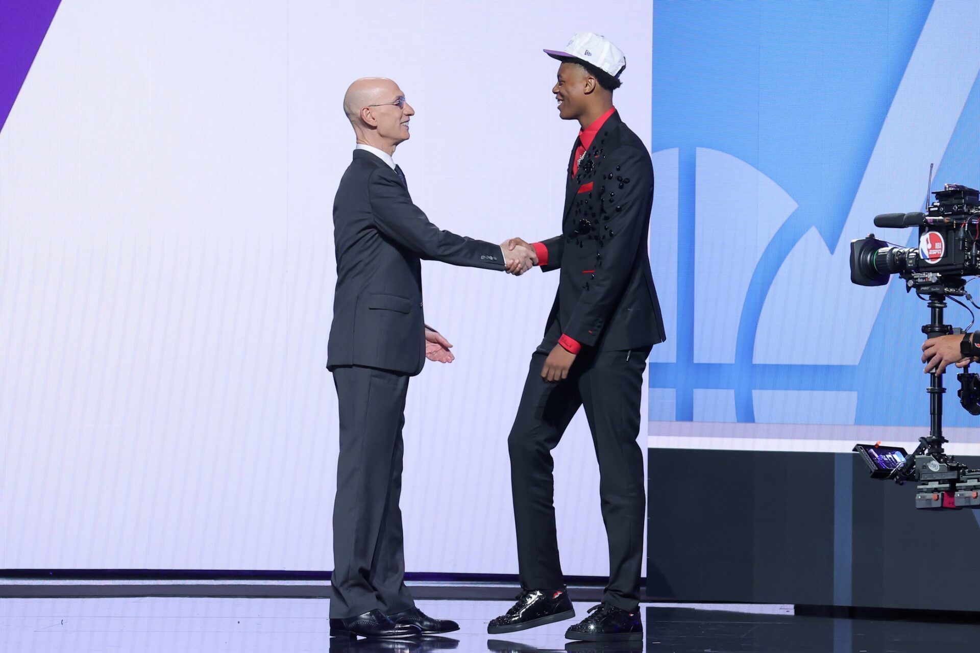 Ace Bailey shakes hands with NBA commissioner Adam Silver after being selected as the fifth pick by the Utah Jazz in the first round of the 2025 NBA Draft at Barclays Center.