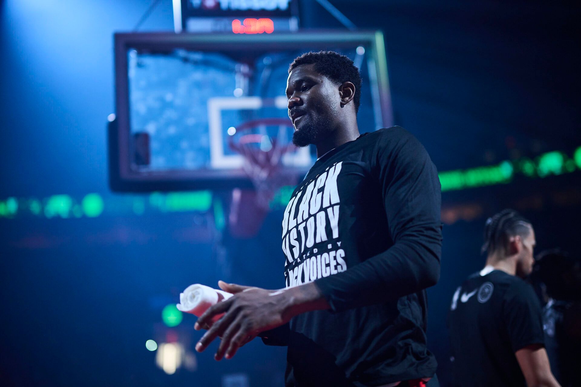 Portland Trail Blazers center Deandre Ayton (2) walks out to the court during introductions before a game against the Sacramento Kings at Moda Center.