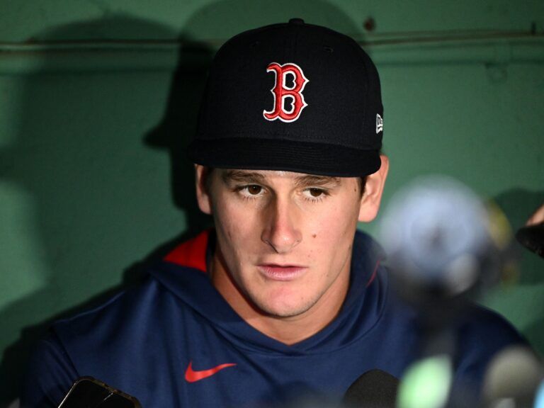 Boston Red Sox right fielder Roman Anthony (48) talks with the media before a game against the Tampa Bay Rays at Fenway Park.