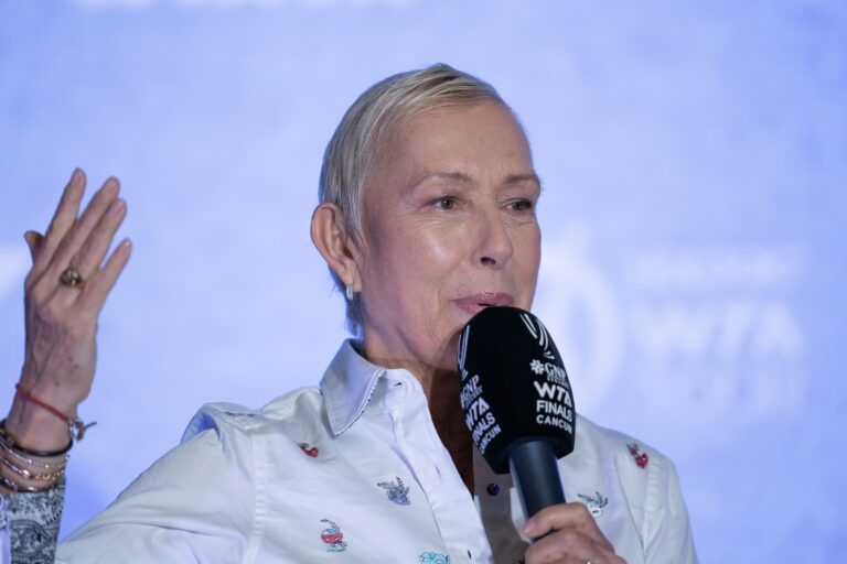 Martina Navratilova in a joint press conference with Chris Evert on day five of the GNP Saguaros WTA Finals Cancun.