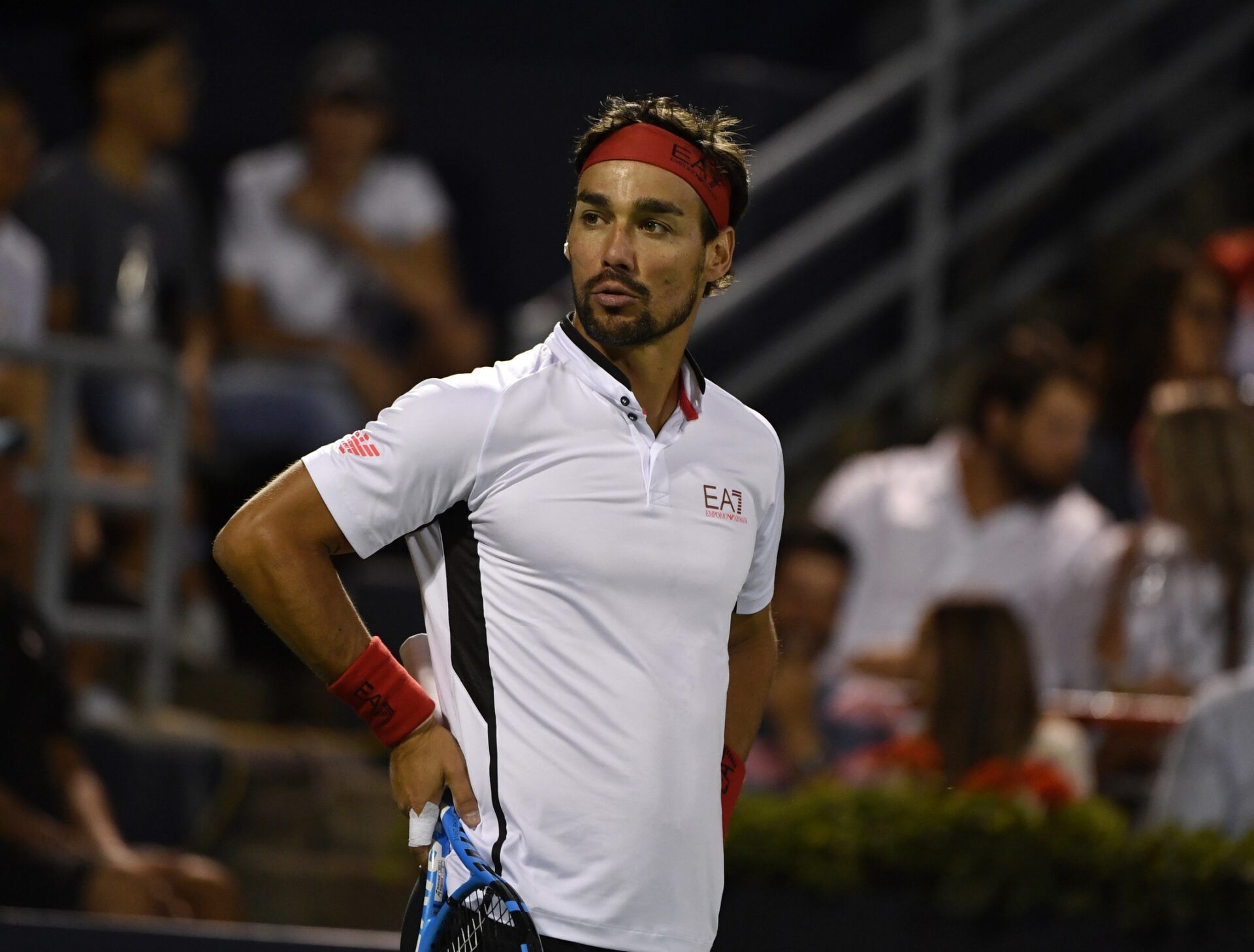 Fabio Fognini of Italy reacts after a point in his match against Rafael Nadal of Spain (not pictured) during the Rogers Cup tennis tournament at Stade IGA.