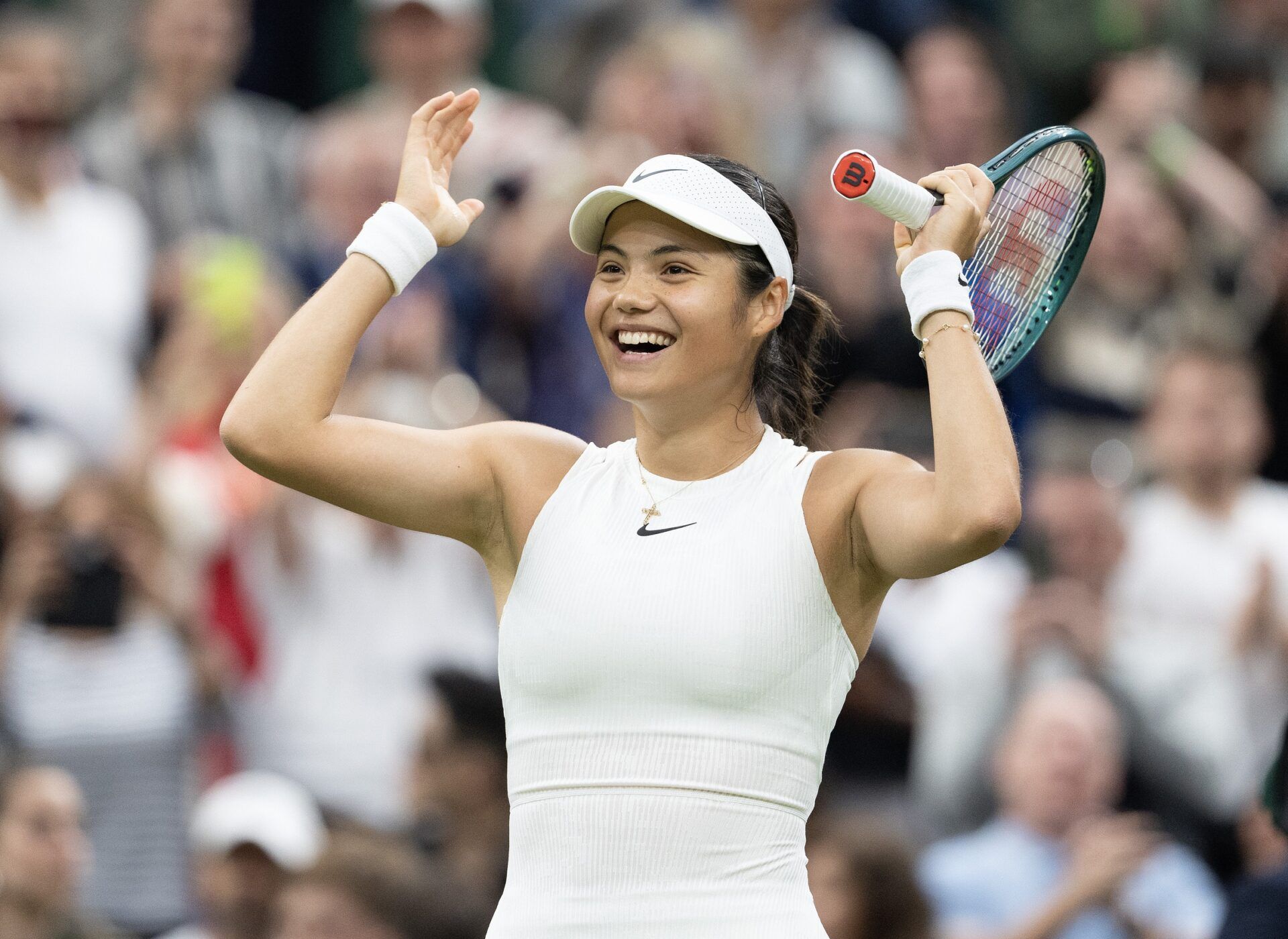 London, United Kingdom; Emma Raducanu of Great Britain celebrates winning her match against Maria Sakkara of Greece (not shown) on day five of The Championships at All England Lawn Tennis and Croquet Club.