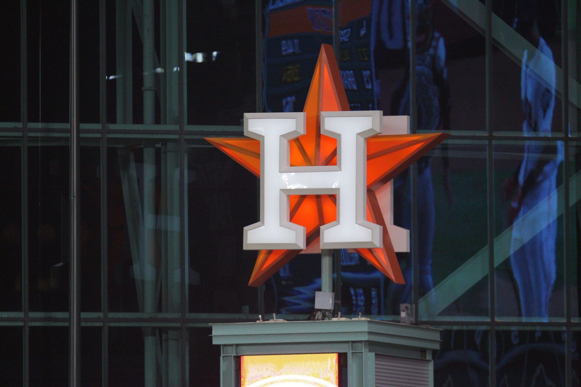 The Houston Astros logo is seen during the third inning of game one of the 2019 World Series against the Washington Nationals at Minute Maid Park.