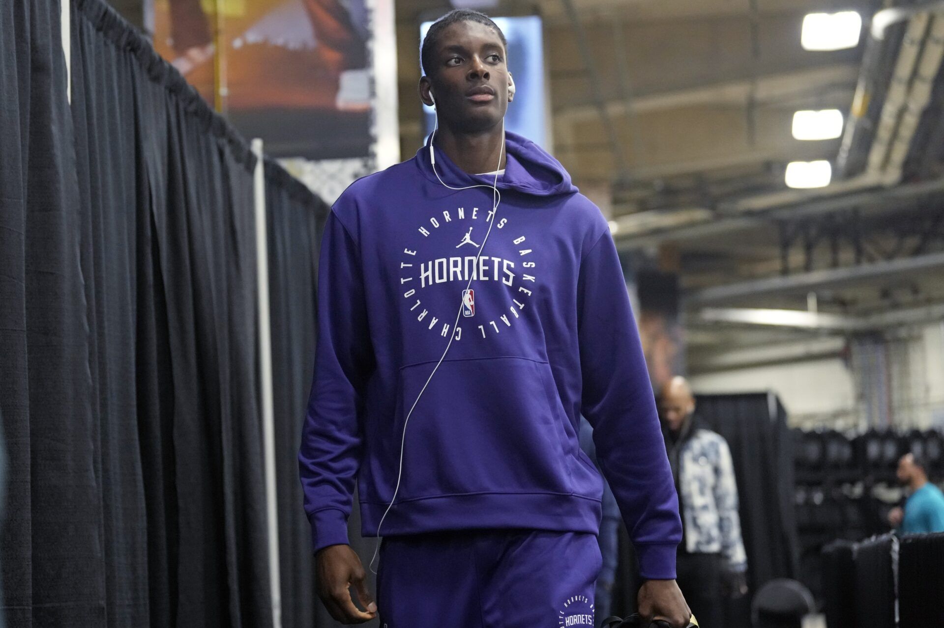 Charlotte Hornets forward Moussa Diabate (14) enters Frost Bank Center before a game against the San Antonio Spurs.