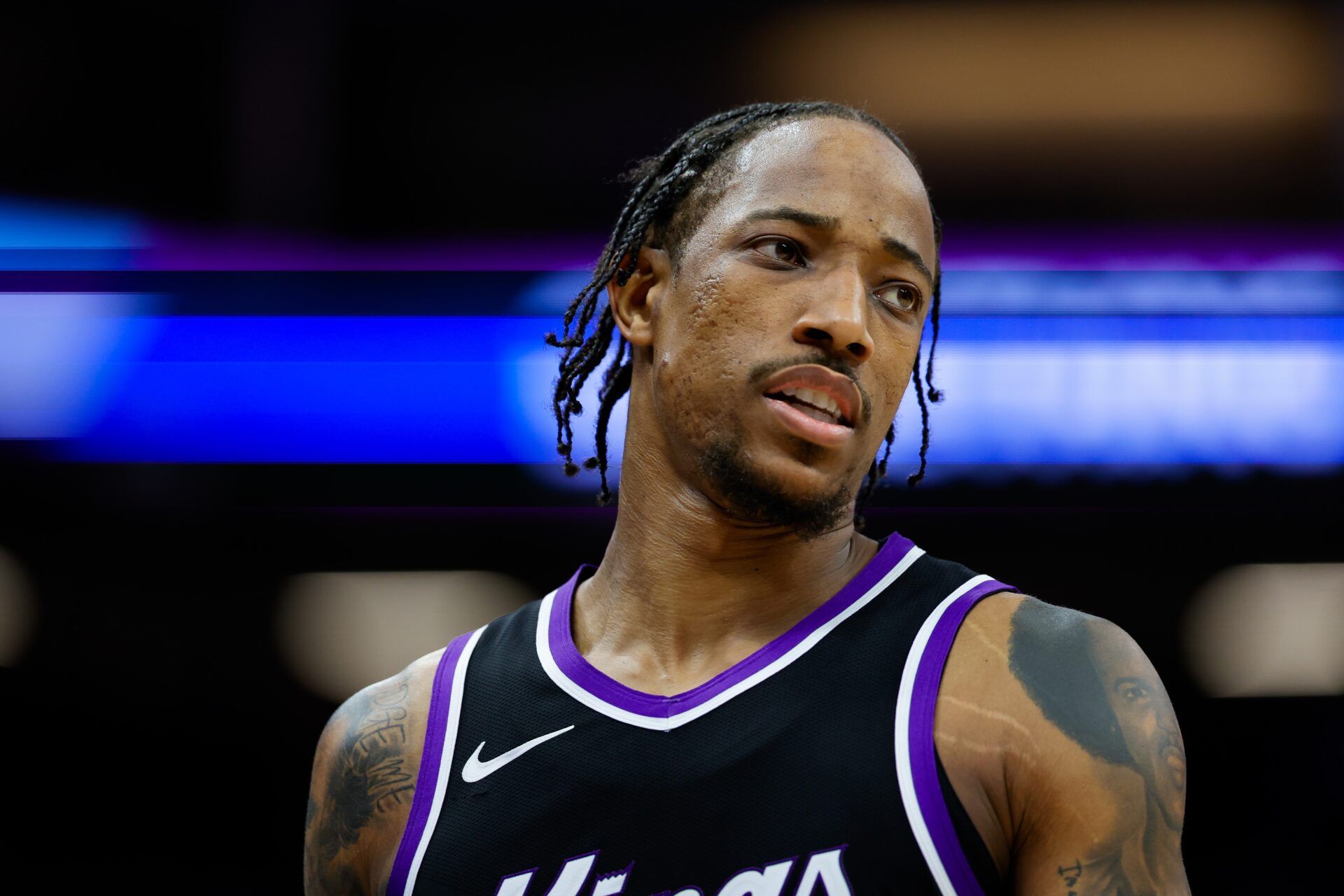 Sacramento Kings forward DeMar DeRozan (10) looks on during the fourth quarter against the Dallas Mavericks at Golden 1 Center.