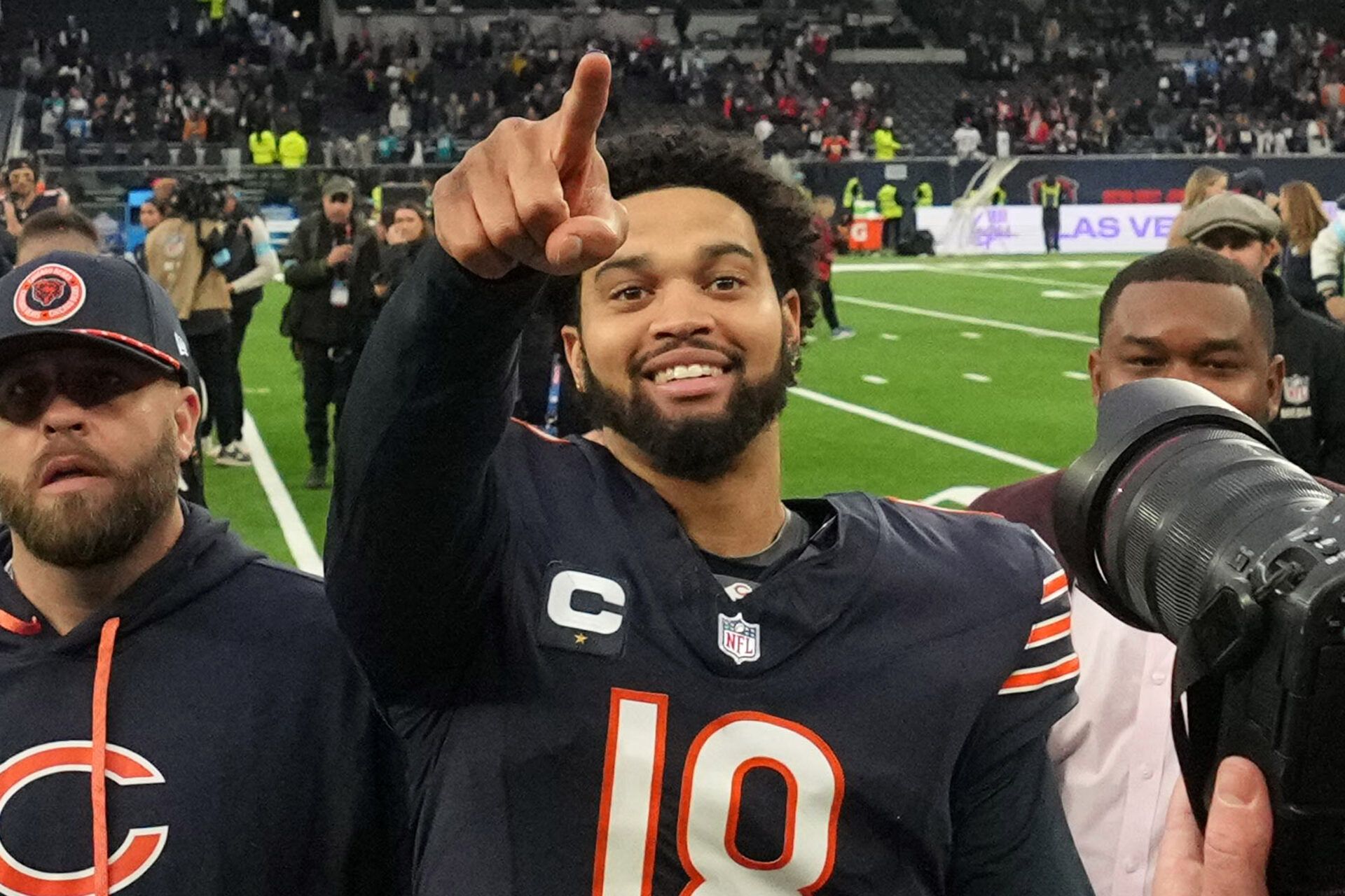 Chicago Bears quarterback Caleb Williams (18) reacts after an NFL International Series game against the Jacksonville Jaguars at Tottenham Hotspur Stadium.