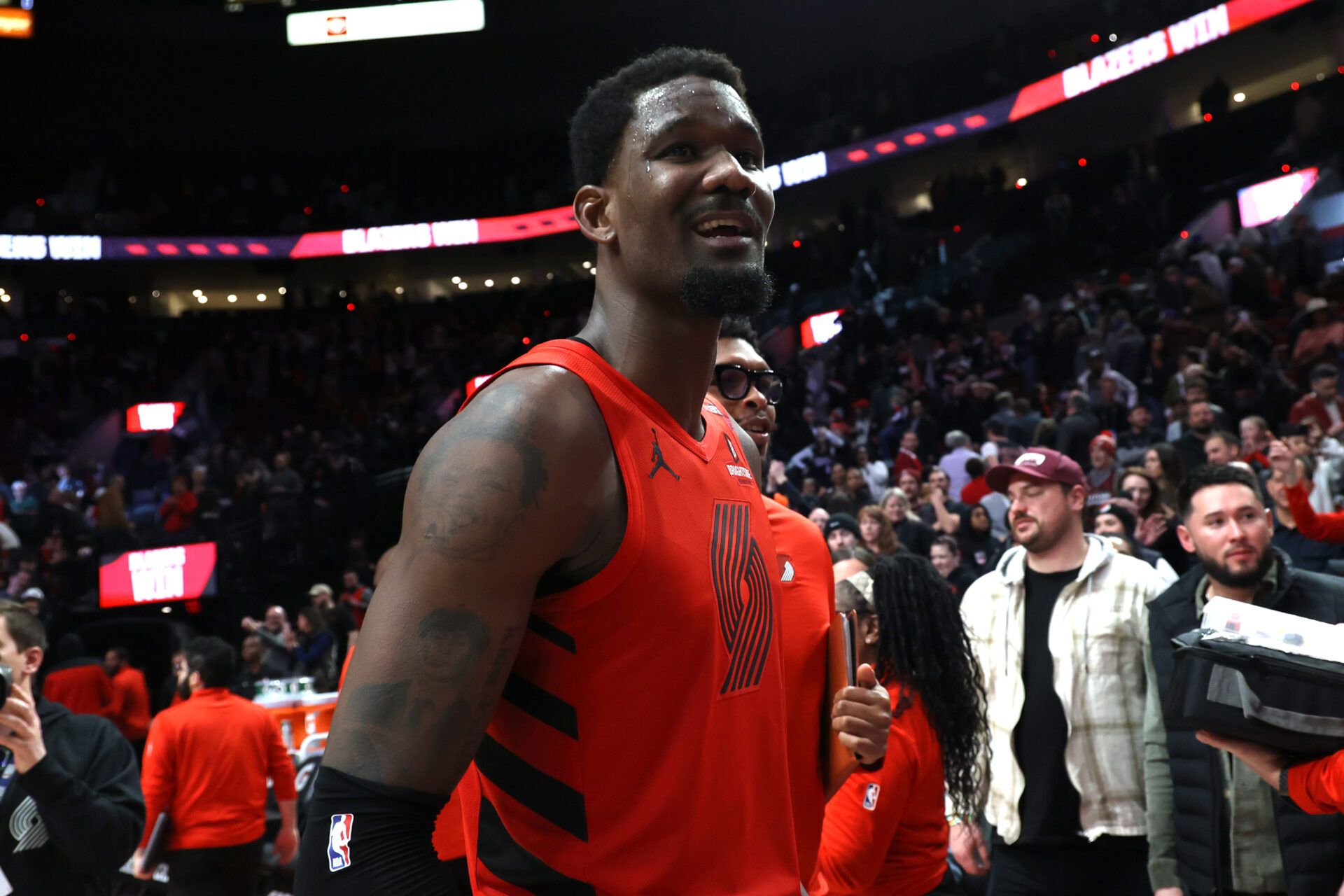 Portland Trail Blazers center Deandre Ayton (2) reacts after helping secure a 121-119 overtime win against the Phoenix Suns at Moda Center.