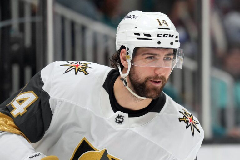 Vegas Golden Knights defenseman Nicolas Hague (14) during the second period against the San Jose Sharks at SAP Center at San Jose.