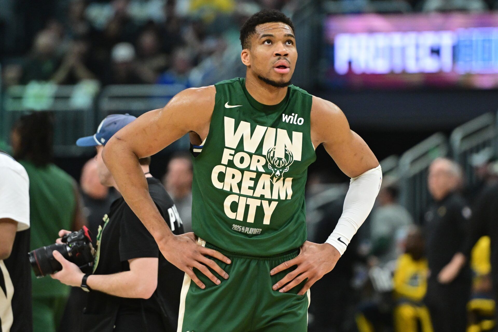 Milwaukee Bucks forward Giannis Antetokounmpo (34) gets ready to play Indiana Pacers during game four of first round for the 2024 NBA Playoffs at Fiserv Forum.