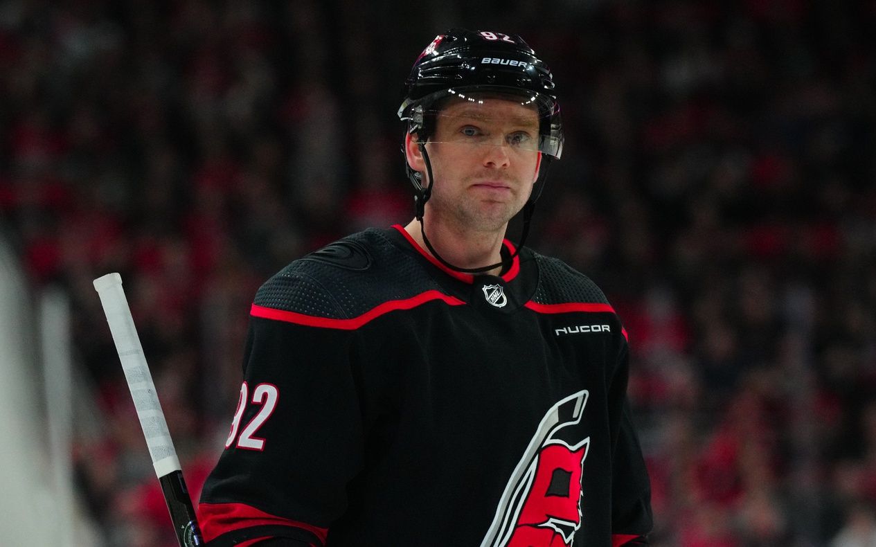Carolina Hurricanes center Evgeny Kuznetsov (92) looks on against the Columbus Blue Jackets during the first period at PNC Arena.