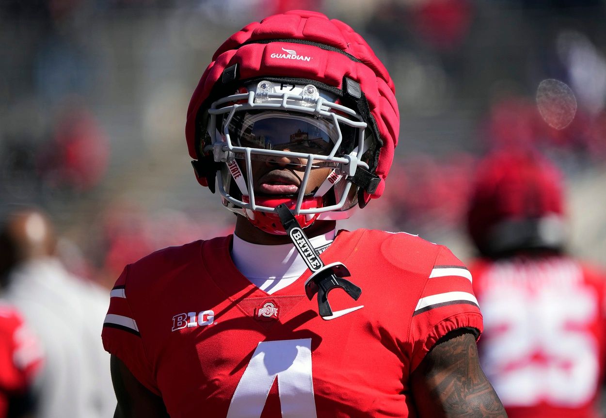 Ohio State Buckeye Jeremiah Smith (4) warms up before the start of the spring game at Ohio Stadium on April 12, 2025.
