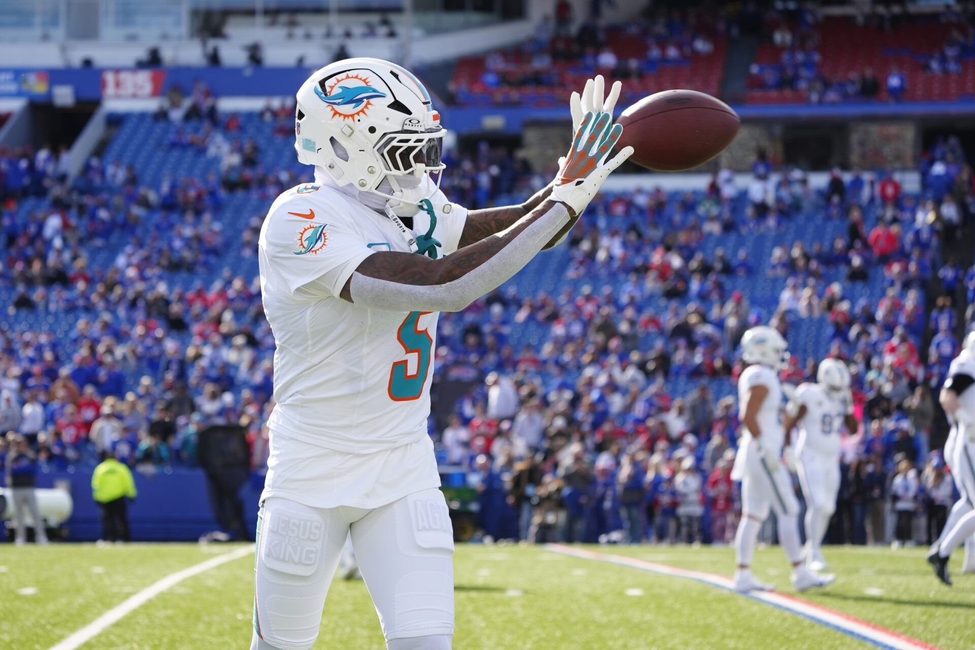 Miami Dolphins cornerback Jalen Ramsey (5) warms up prior to the game against the Buffalo Bills at Highmark Stadium.