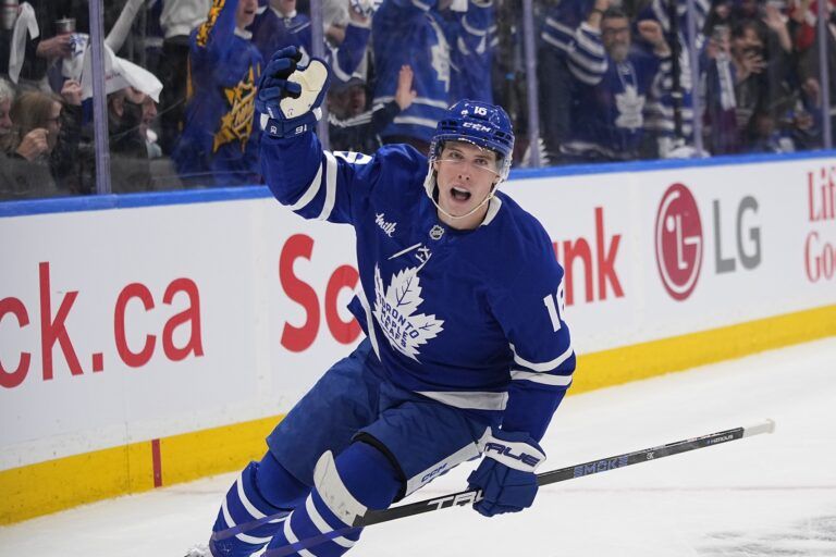 Toronto Maple Leafs forward Mitch Marner (16) reacts after scoring against the Ottawa Senators during the first period of game one of the first round of the 2025 Stanley Cup Playoffs at Scotiabank Arena.