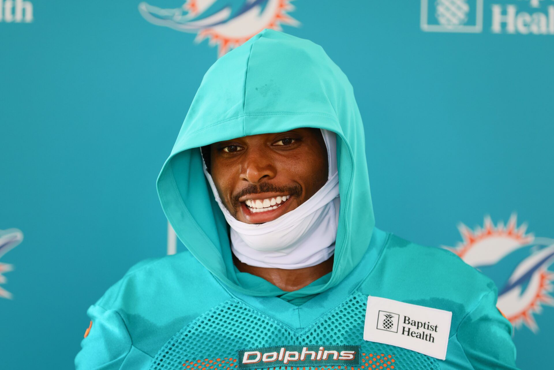 Miami Dolphins cornerback Jalen Ramsey (5) talks to reporters during training camp at Baptist Health Training Complex.