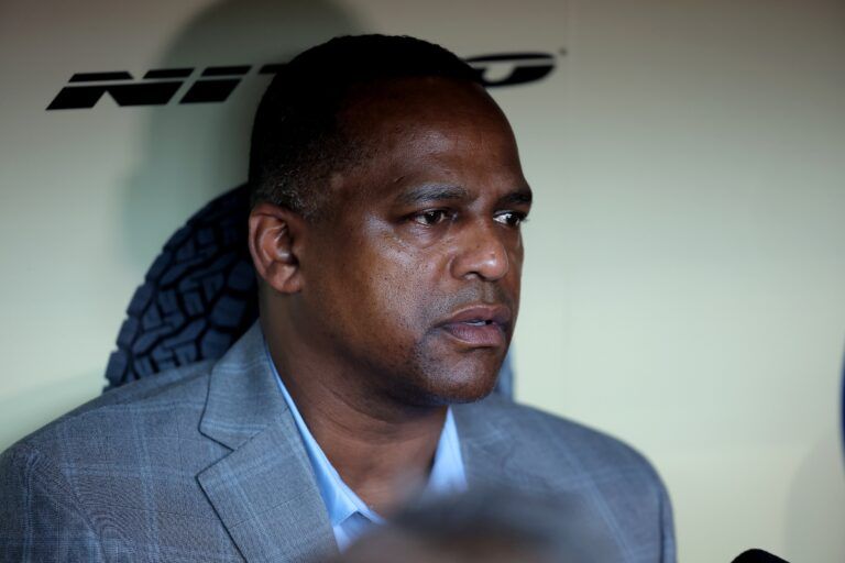 Houston Astros general manager Dana Brown addresses the media in the dugout prior to a game against the Pittsburgh Pirates at Minute Maid Park.