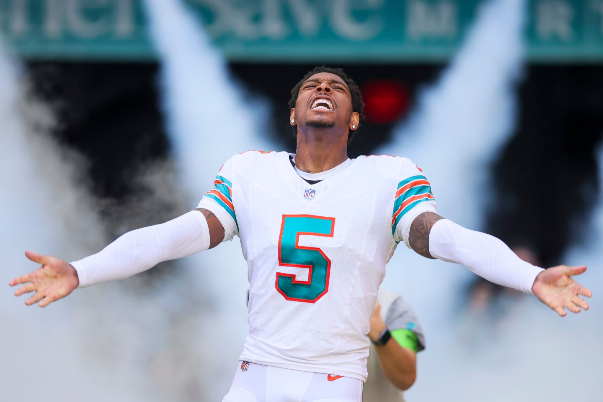 Miami Dolphins cornerback Jalen Ramsey (5) reacts as he takes the field prior to the game against the New England Patriots at Hard Rock Stadium.